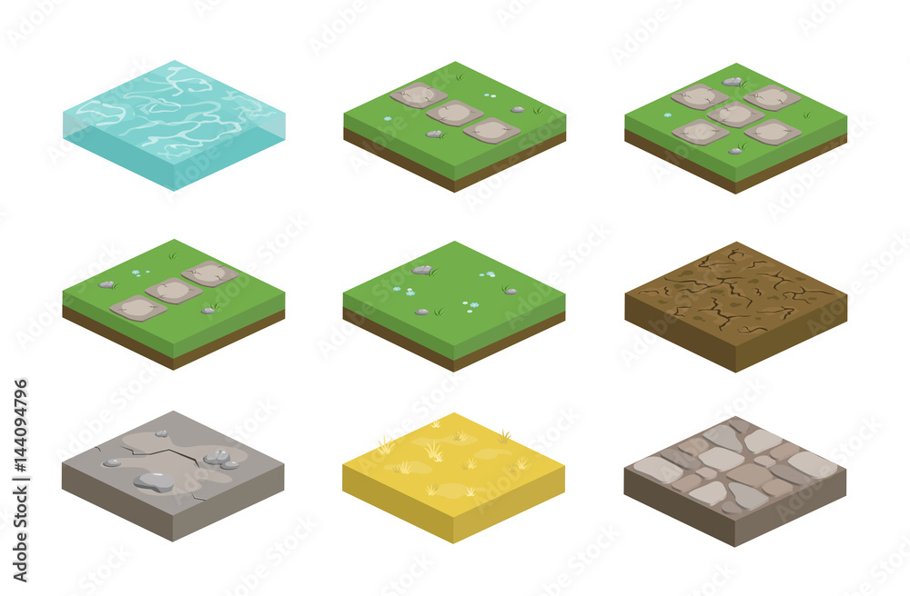 Set of isometric landscape design tiles with different surfaces - grass, water, dirt, stone, pavement and parts for creating path