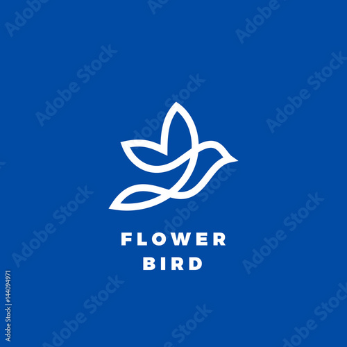 Flower Bird Abstract Vector Icon, Label or Logo Template. Line Style Silhouette. White on Blue Background