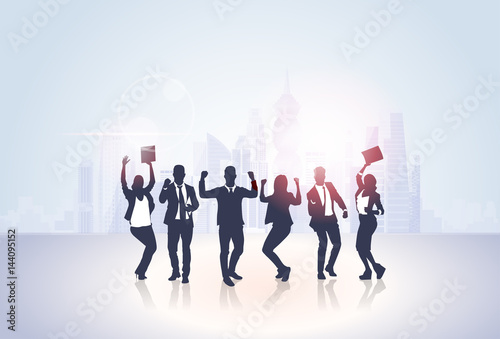Business People Group Silhouette Excited Hold Hands Up Raised Arms, Businesspeople Concept Winner Success Vector Illustration