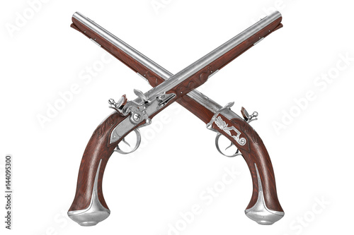 Pistol gun weapon brown wooden old flintlock. 3D rendering