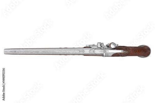 Pistol gun wooden cavalry firearm, top view. 3D rendering