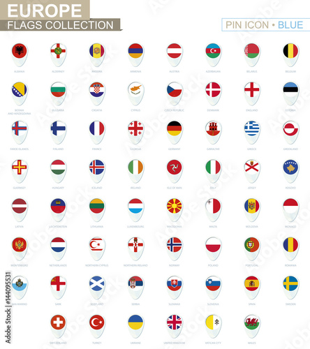 Europe flags collection. Big set of blue pin icon with flags.