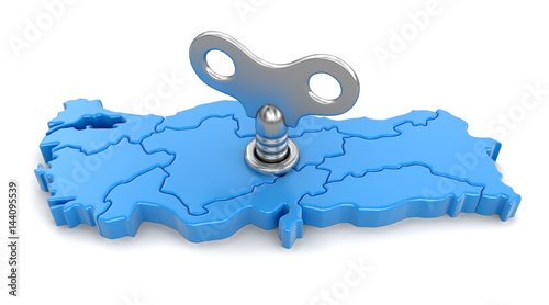Map of Turkey with winding key. Image with clipping path.