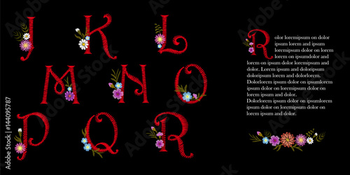 Embroidery vintage Latin English alphabet set. Initial drop cap decorative flowers. Capital font ornate red vector illustration letters signs embroidered j k l m n o p floral design