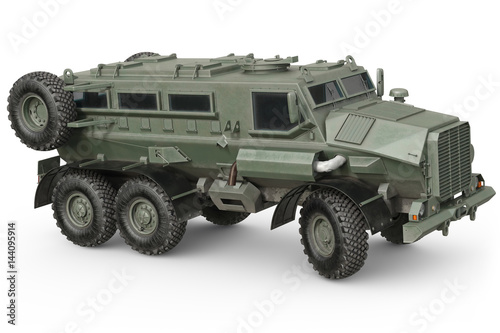 Truck green armored transport defense vehicle. 3D rendering