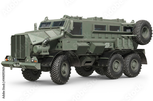 Truck military green armored car transportation. 3D rendering