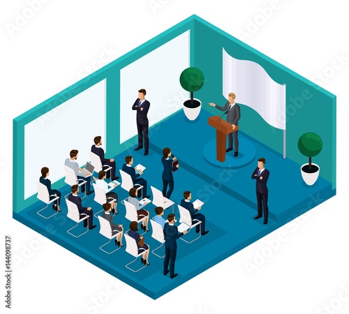 Trendy Isometric people 3D businessmen, people elections, President's speech, Washington's Birthday, meeting with press, vote on performance trebune, gym, flag