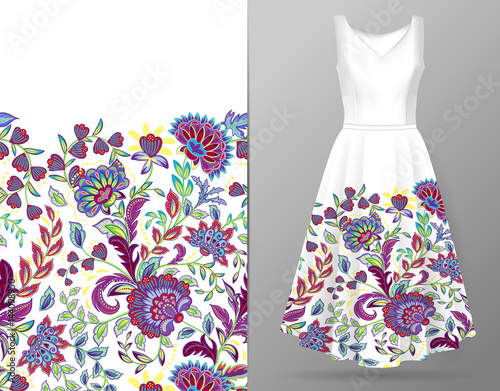 Vertical seamless fashion background. Women's dress mock up with colorful seamless hand drawn pattern for textile, paper print. Isolated colorful dress and vertical seamless background, vector