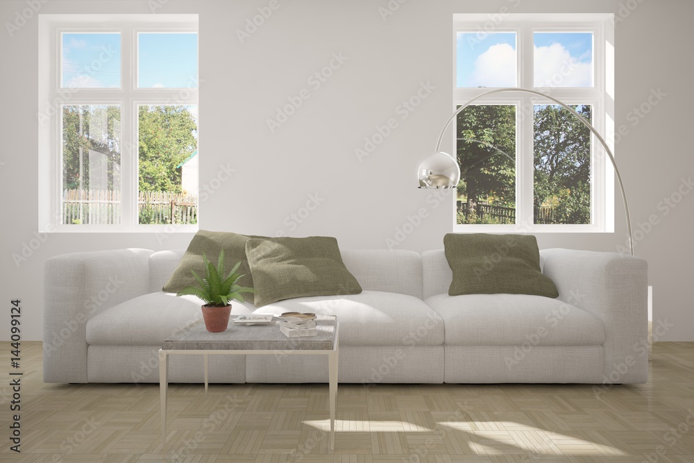 White room with sofa and green landscape in window. Scandinavian interior design. 3D illustration White room with sofa and green landscape in window. Scandinavian interior design. 3D illustration