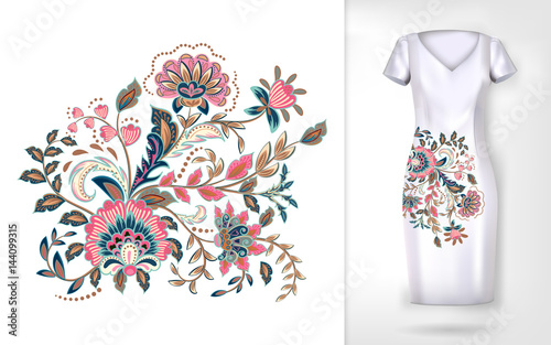 Embroidery colorful trend floral pattern. Vector traditional ornamental flowerspattern on dress mock up. Can be used in dressing clothes, textiles, household items.
