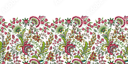 Seamless floral banner frame. Seamless border with hand draw fantasy flowers. Bright colorful doodle pattern