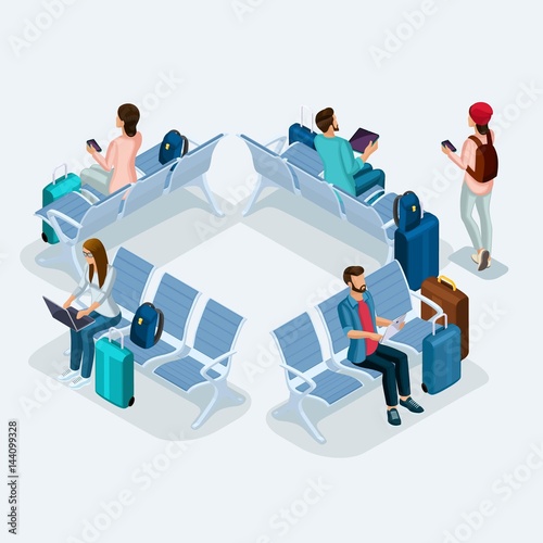 Trendy People Isometric vector 3D teenager, a young girl in a leather jacket, leather pants, stylish clothes, cool girl, traveler, vacation, airport, baggage, phone internet social networks