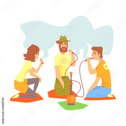 Young Cool People Smoking Hookah And Vaporizer Sitting On The Floor Illustration With Smokers And Vapers