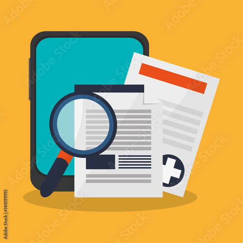 medical report table and medicine related icons over blue background. colorful design. vector illustration