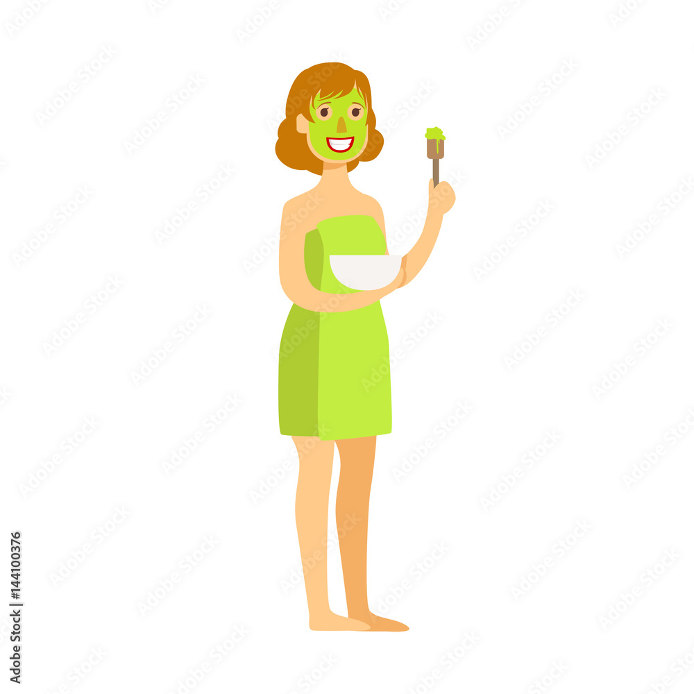 Woman standing with green face mask applied to her face. Colorful cartoon character isolated on a white background Woman standing with green face mask applied to her face. Colorful cartoon character isolated on a white background