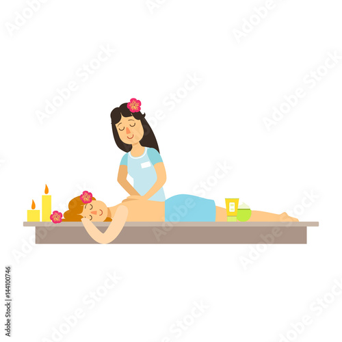 Woman having a massage with massage oil in a spa. Colorful cartoon character