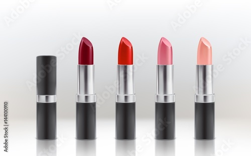 Set of vector isolated illustrations of closed and open tubes of lipstick of various colors