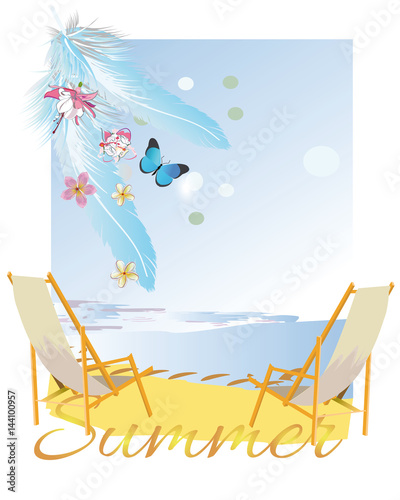 Relax summer background with flowers and Relax summer background with flowers and feathers. Sea and sand. 