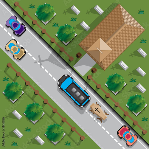 Funeral ceremony at the cemetery. View from above. Vector illustration.