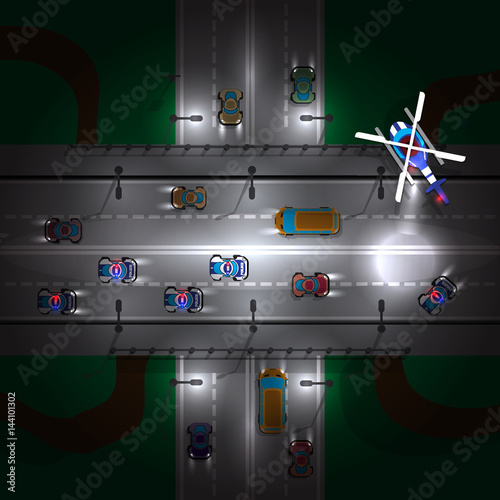 Police chase. Night. View from above. Vector illustration. 