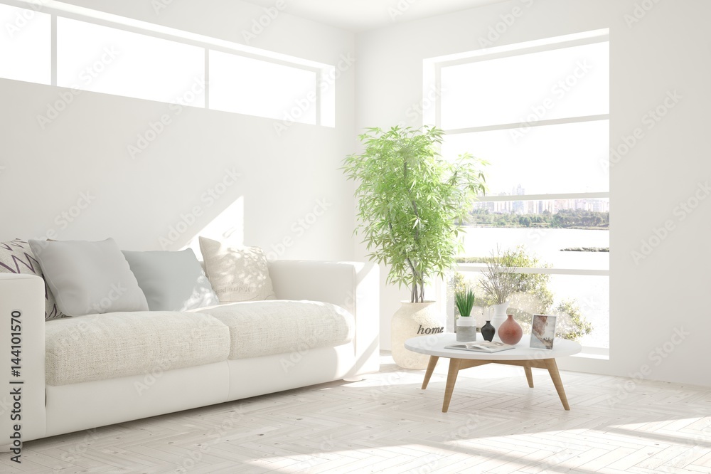 Fototapeta premium White room with sofa and urban landscape in window. Scandinavian interior design. 3D illustration