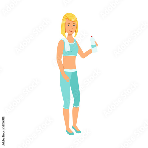 Woman drinking water dressed in sportswear. Colorful cartoon character