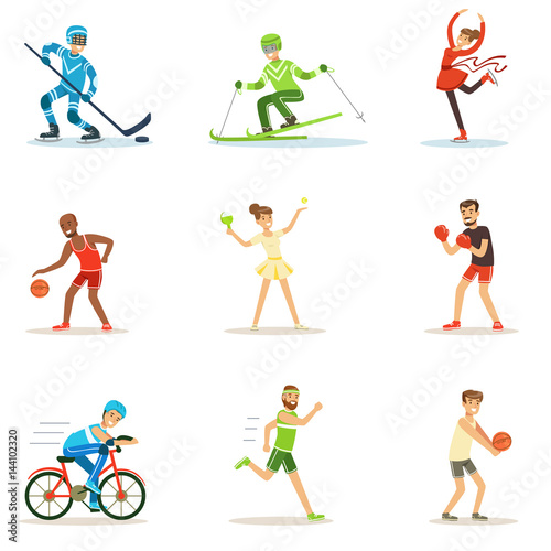 Adult People Practicing Different Olympic Sports Series Of Cartoon Characters In Sportive Uniform Participating In Competition