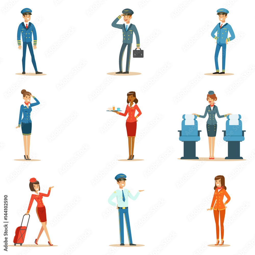 Commercial Flight Board Crew Collection Of Air Transportation Professionals Working On The Plane, Stewardesses And Pilots