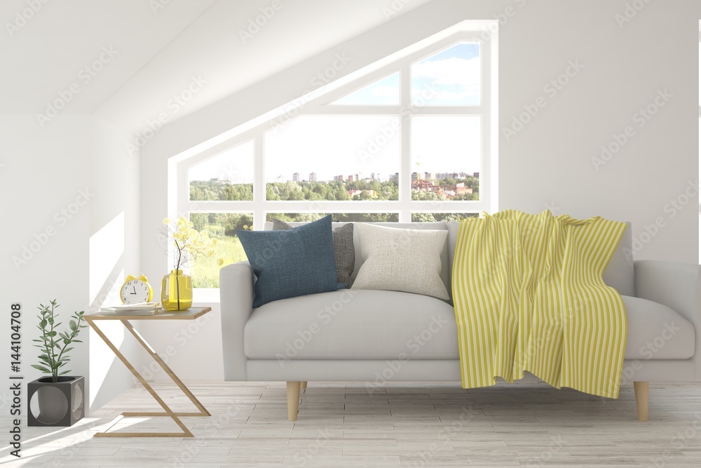White room with sofa and green landscape in window. Scandinavian interior design. 3D illustration White room with sofa and green landscape in window. Scandinavian interior design. 3D illustration