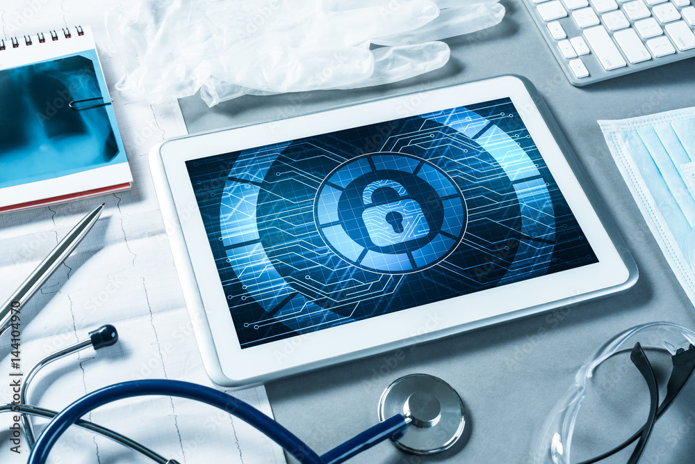 Web security and technology concept with tablet pc on table