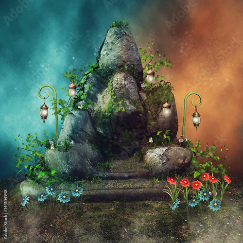 Fototapeta Baśniowa skała z wiosennymi kwiatami i magicznymi lampionami