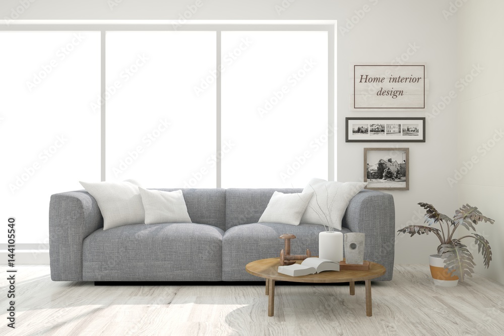 White modern room with sofa. Scandinavian interior design. 3D illustration White modern room with sofa. Scandinavian interior design. 3D illustration