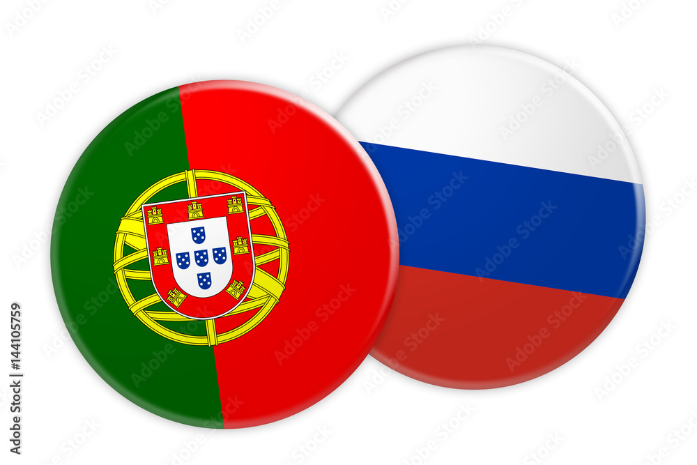 News Concept: Portugal Flag Button On Russia Flag Button, 3d illustration on white background