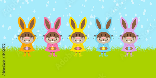 5 Easter Bunnies Color Raincoats Meadow Banner