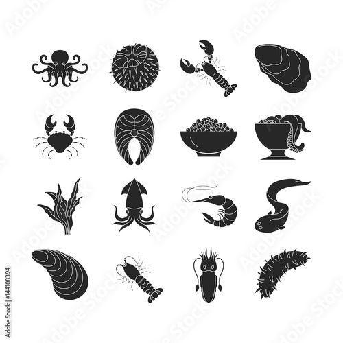 Collection of dark seafood icons