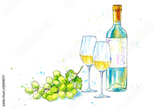 Bottle of white wine  glasses and grapes.Picture of a alcoholic drink.Watercolor hand drawn illustration.