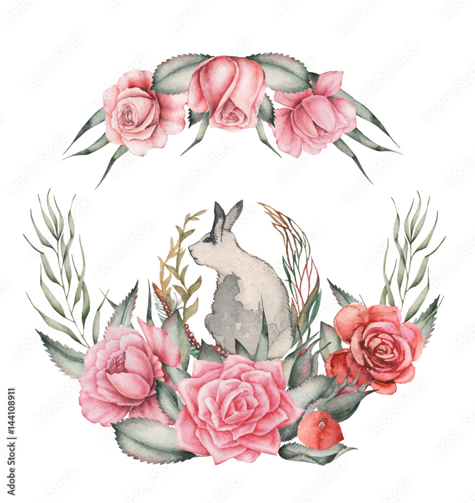 Fototapeta premium Hand painted watercolor charming combination of Flowers and Bunny isolated on white background