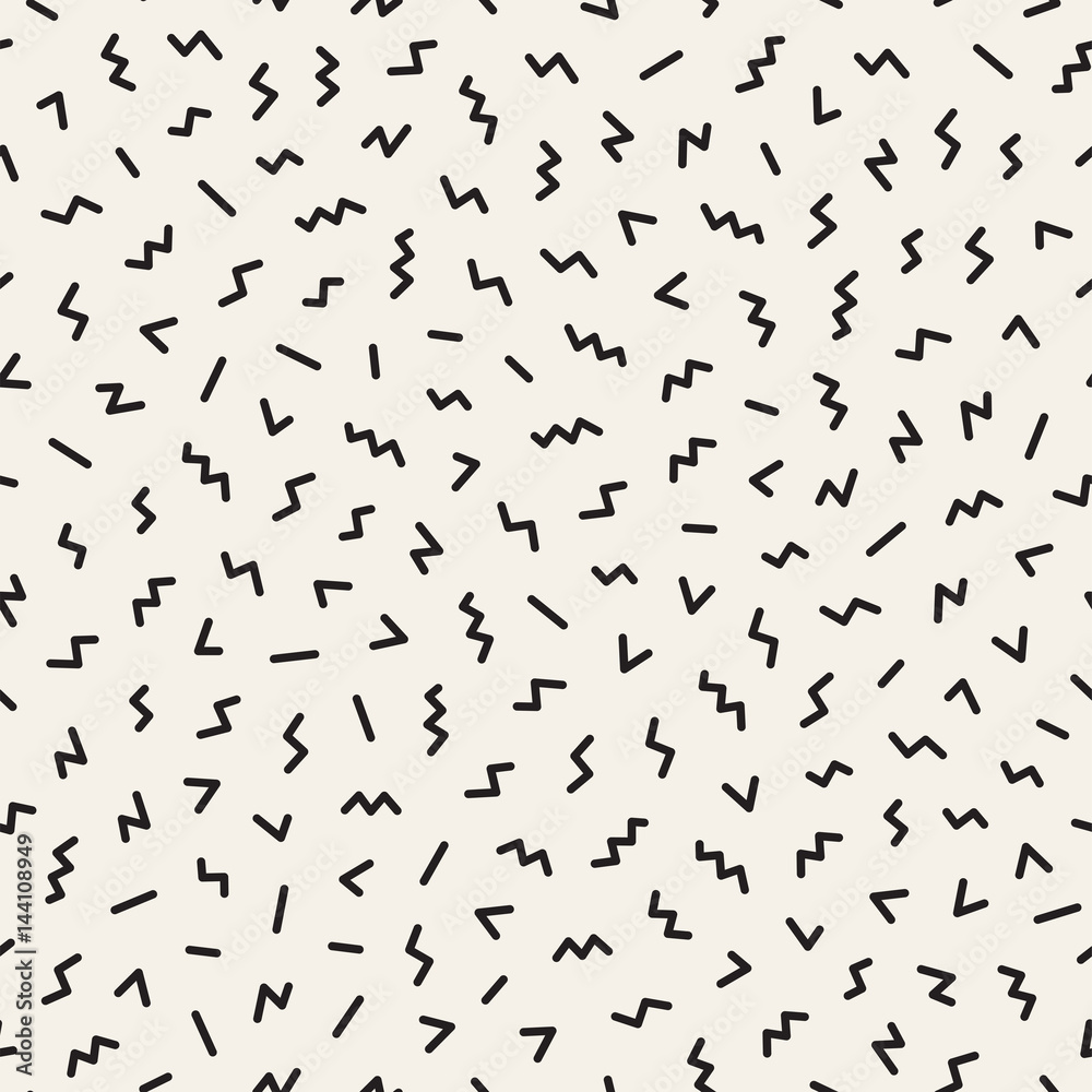 Scattered Geometric Shapes. Inspired by Memphis Style. Abstract Background Design. Vector Seamless Black and White Irregular Pattern.
