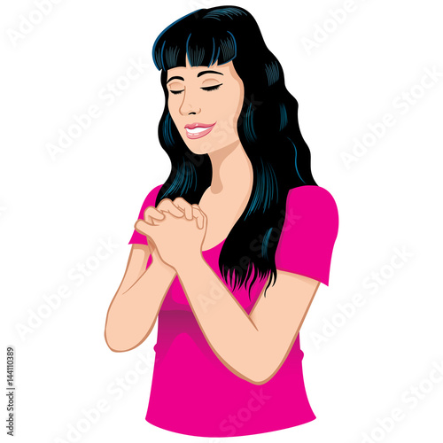 Illustration of a young woman meditating and praying prostrate, Buddhism, religion, philosophy. Ideal for institutional and religious materials