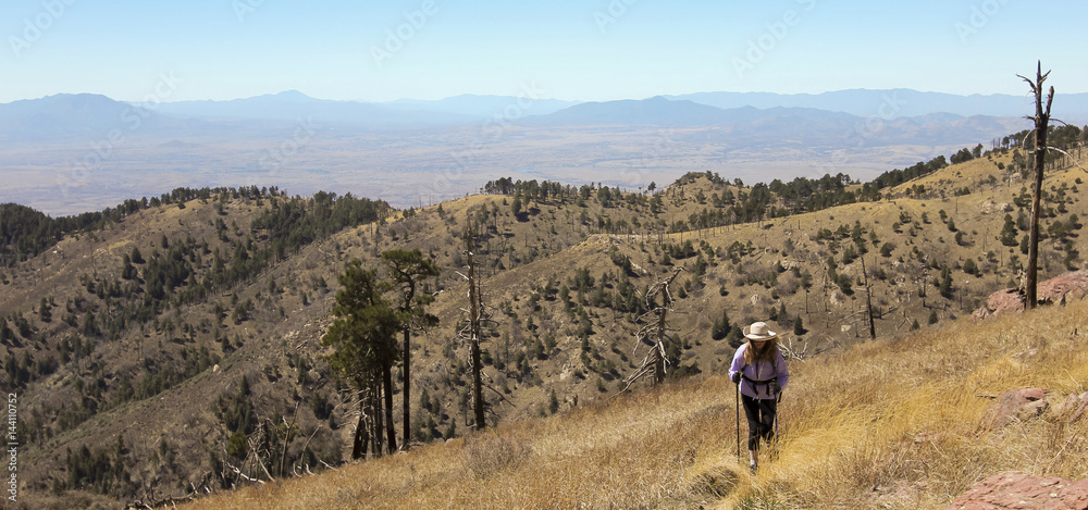 A Hiker Makes Her Way Up a Mountain Slope
