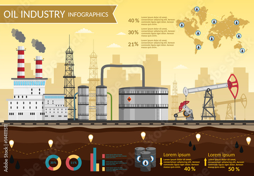 Vector Oil rig industry of processing petrol and transportation infographics set production elements.