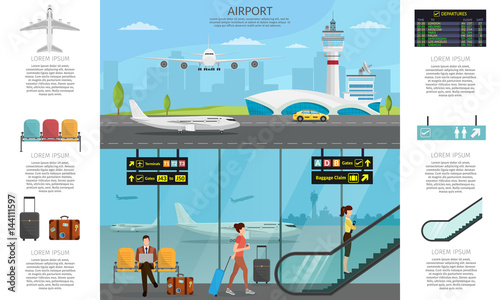 Airport passenger terminal and waiting room. International arrival departures background vector illustration airplane infographic