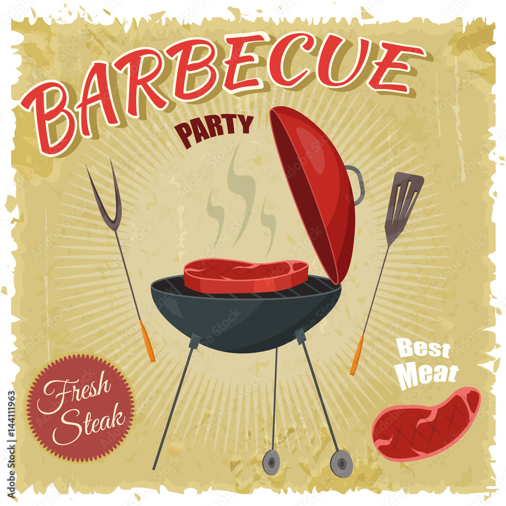verkeer Rouwen Proberen Bbq vintage, barbecue retro, grill, steak, meat retro cartoon of vector  menu poster set. Stock Vector | Adobe Stock