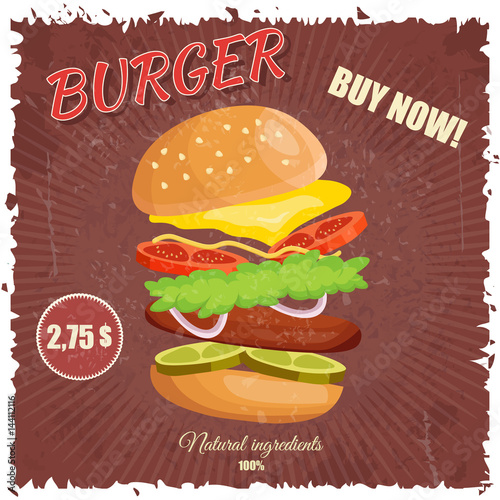 Colorful retro vintage cartoon poster of fast food vector with hamburger.