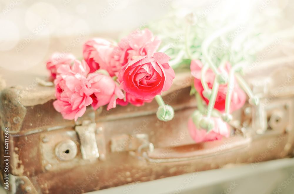 Pink flowers on old retro suitcase