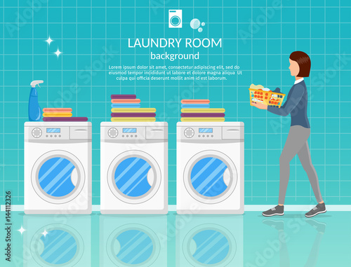 Laundry room interior vector background with iron, washer machine, powder and clothes.