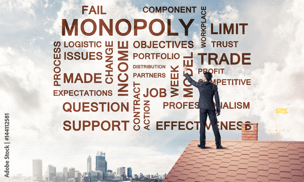 Young businessman standing on house roof and writing leadership Young businessman standing on house roof and writing leadership