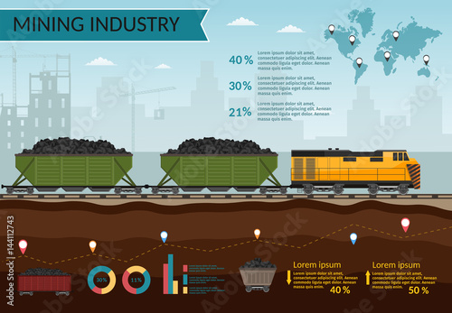 Coal mining industry and transportation set infographics elements isolated vector technics building