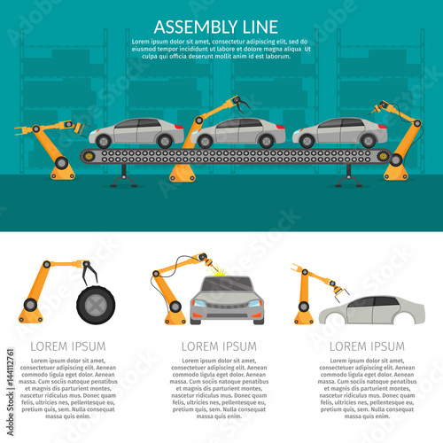 Automation abstract robotic assembly line car set flat isolated vector illustration background