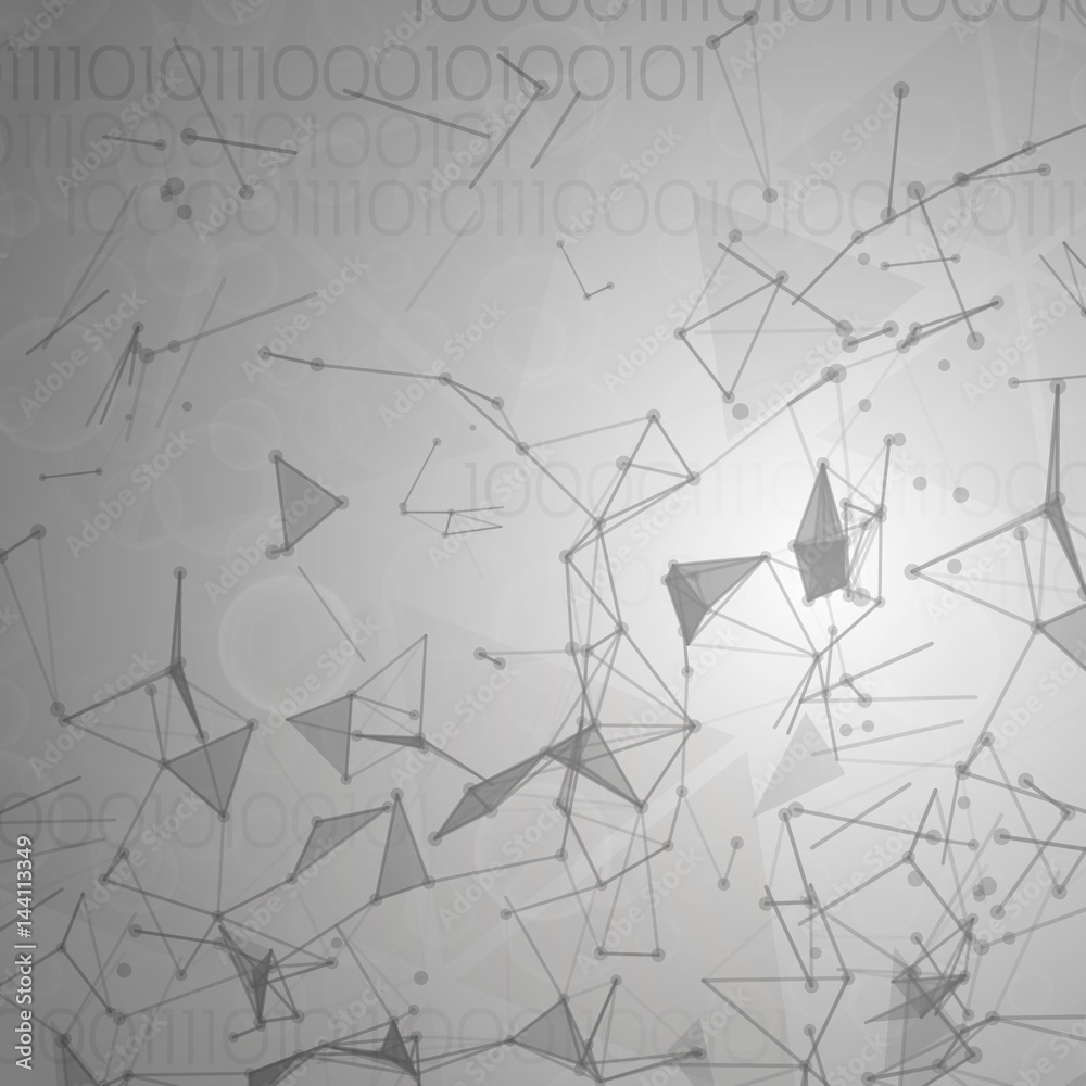 Point connected by a line to the network. Monochrome plexus abstract objects on a gray background